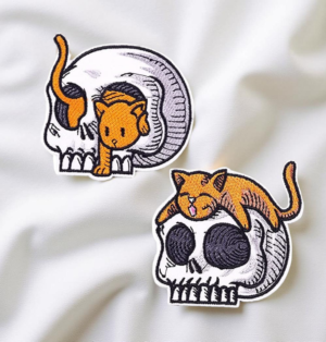 Limited Edition Cat & Skull Embroidered 2pcs Patch Set – Cute & Creepy Pair (8cm x 7.6cm Each)