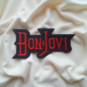 Bon Jovi Red Logo Patch – Stylized Gothic Lettering on Black Twill Iron-On