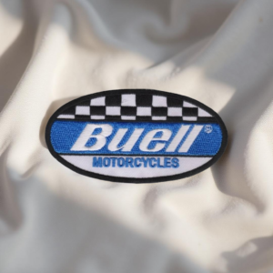 Buell Motorcycles Racing Patch – Blue, Black & White Checkered Logo Iron-On