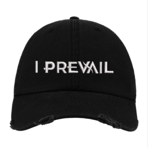 Black Distressed Baseball Cap with White Embroidered Patch Design – I Prevail Style Hat