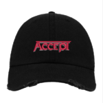 Black Distressed Cap with Red Embroidered Logo – Rock Band Style Hat