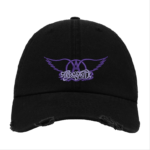 Black Distressed Baseball Cap with Purple Embroidered Patch Design – Aerosmith Style Hat