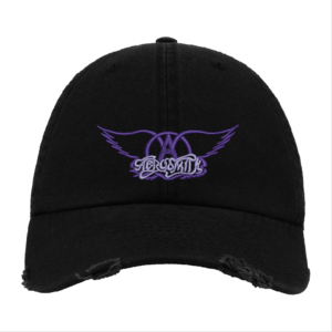Black Distressed Baseball Cap with Purple Embroidered Patch Design – Aerosmith Style Hat