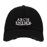 Black Distressed Baseball Cap with White Embroidered Patch Design – Arch Enemy Style Hat
