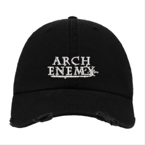 Black Distressed Baseball Cap with White Embroidered Patch Design – Arch Enemy Style Hat