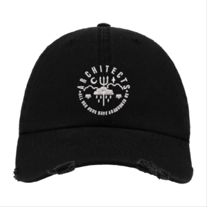 Black Distressed Baseball Cap with White Embroidered Patch Design – Architects Style Hat