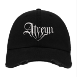 Black Distressed Baseball Cap with White Embroidered Patch Design – Atreyu Style Hat