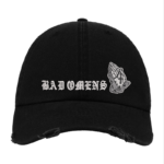 Black Distressed Baseball Cap with White Embroidered Patch Design – Bad Omens Style Hat