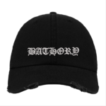 Black Distressed Baseball Cap with White Embroidered Patch Design – Bathory Style Hat