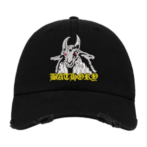 Black Distressed Baseball Cap with Embroidered Goat & Yellow Patch Design – Bathory Style Hat