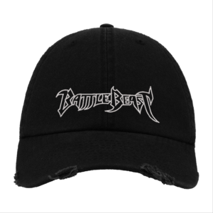 Black Distressed Baseball Cap with White Embroidered Patch Design – Battle Beast Style Hat
