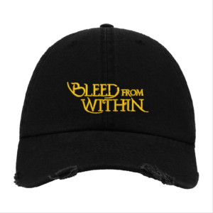 Black Distressed Baseball Cap with Yellow Embroidered Patch Design – Bleed From Within Style Hat