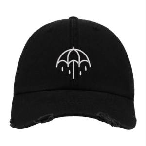 Black Distressed Baseball Cap with White Embroidered Patch Design – Bring Me The Horizon Style Hat