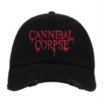 Black Distressed Baseball Cap with Red Embroidered Patch Design – Cannibal Corpse Style Hat