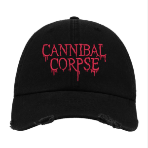 Black Distressed Baseball Cap with Red Embroidered Patch Design – Cannibal Corpse Style Hat