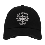 Black Distressed Baseball Cap with White Embroidered Patch Design – Counterparts Style Hat