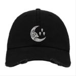 Black Distressed Baseball Cap with White Embroidered Patch Design – Currents Style Hat