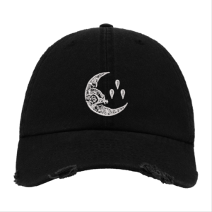 Black Distressed Baseball Cap with White Embroidered Patch Design – Currents Style Hat