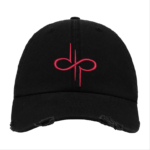 Black Distressed Baseball Cap with Red Embroidered Patch Design – Devin Townsend Style Hat