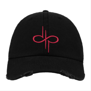 Black Distressed Baseball Cap with Red Embroidered Patch Design – Devin Townsend Style Hat