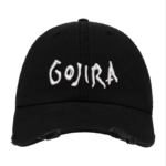 Black Distressed Baseball Cap with White Embroidered Patch Design – Gojira Style Hat