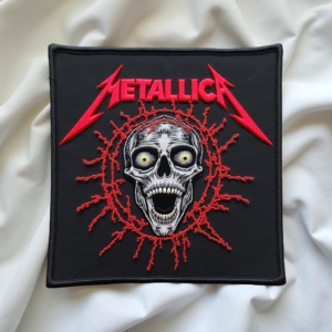 Limited Edition Metallica-Inspired Skull Embroidered Patch – Red Electric Burst Design