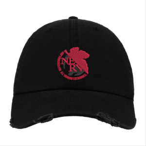 Black Distressed Baseball Cap with Red & White Embroidered Patch Design – NERV Style Hat