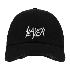 Black Distressed Baseball Cap with White Embroidered Patch Design – Slayer Style Hat